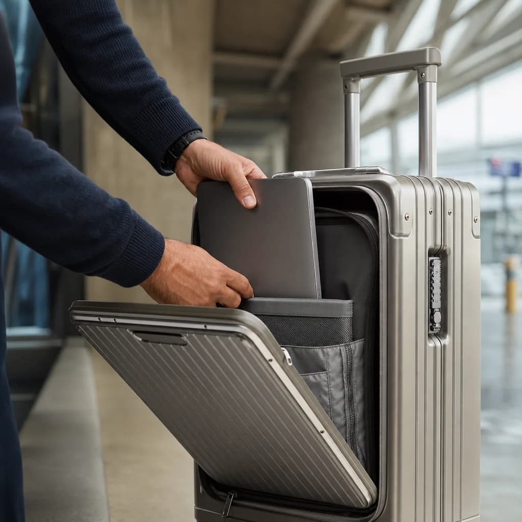 A laptop being lifted from the open front compartment of the carry-on in a station lounge