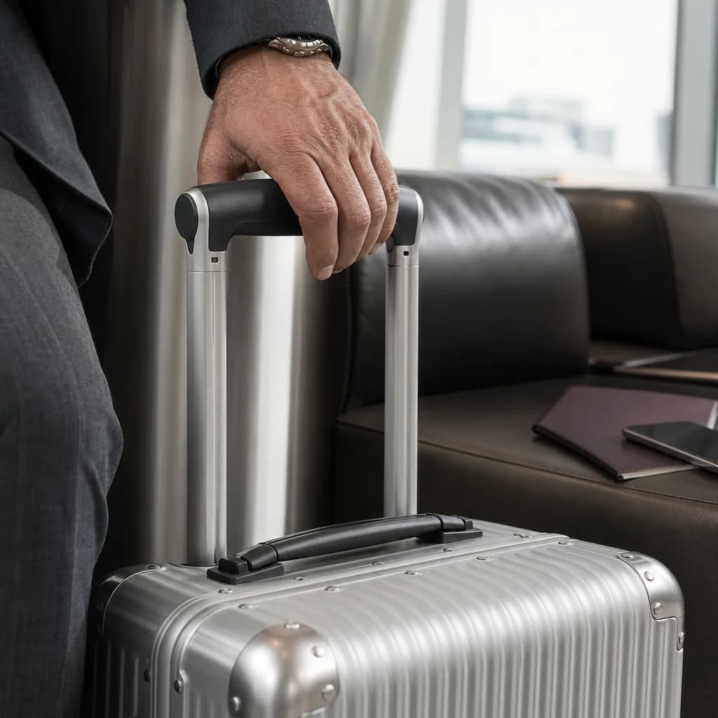 A hand resting on the telescopic handle of the carry-on in an airport lounge