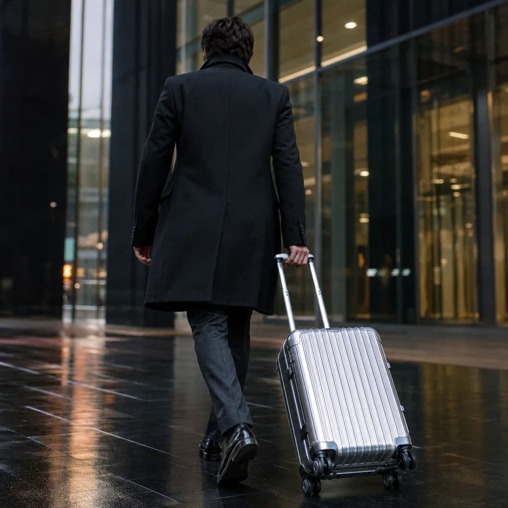The carry-on rolling across a city plaza at dusk